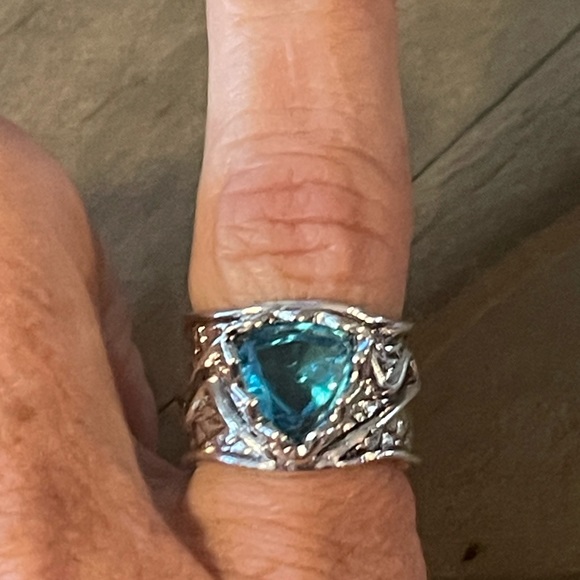 Boho Blue Gemstone Zirconia Wide Vintage Inspired, Silver Plated Fairy, Ring - Picture 4 of 12